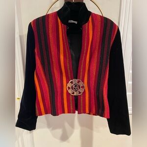 Striped Red & Orange Cropped Blazer with Silver Decorative Clasp